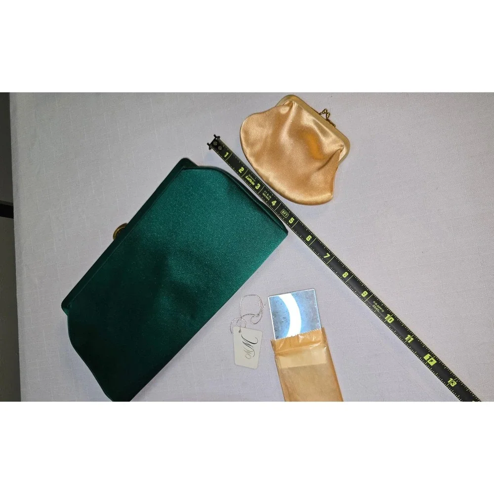 Vintage MM Emerald Green Satin Evening Clutch Bag with Coin Purse and Mirror
